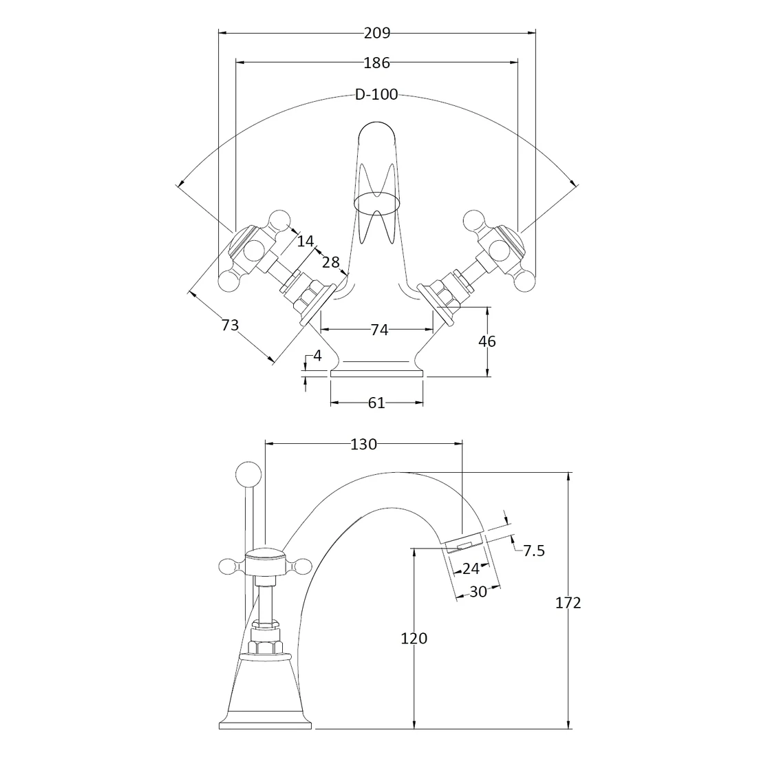 Bayswater Black Mono Basin Mixer With Crosshead & Hex Collar 4 Bayswater Black Mono Basin Mixer With Crosshead & Hex Collar - Image 2
