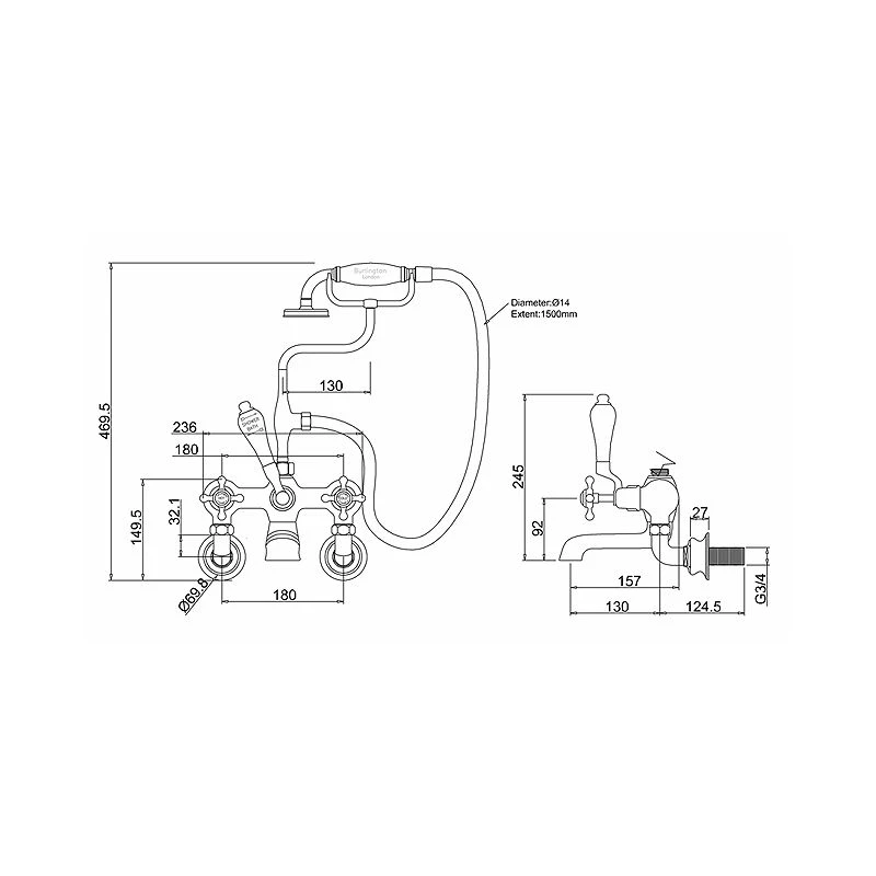 Burlington Claremont Regent Wall Bath Shower Mixer Gold/White 4 Burlington Claremont Regent Wall Bath Shower Mixer Gold/White - Image 2
