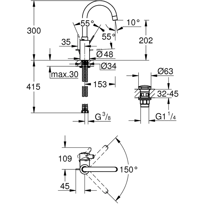 Grohe Eurosmart Cosmopolitan Basin Mixer L-Size With Click Waste 4 Grohe Eurosmart Cosmopolitan Basin Mixer L-Size With Click Waste - Image 2