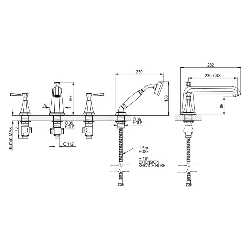 Perrin & Rowe Deco 4 Hole Bath Shower Mixer, Lever 4 Perrin & Rowe Deco 4 Hole Bath Shower Mixer, Lever - Image 2