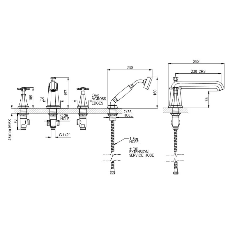 Perrin & Rowe Deco 4 Hole Bath Shower Mixer, Cross 4 Perrin & Rowe Deco 4 Hole Bath Shower Mixer, Cross - Image 2