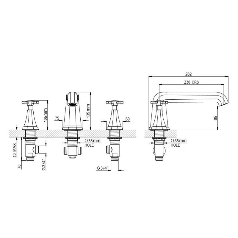 Perrin & Rowe Deco 3 Hole Bath Filler, Cross 4 Perrin & Rowe Deco 3 Hole Bath Filler, Cross - Image 2