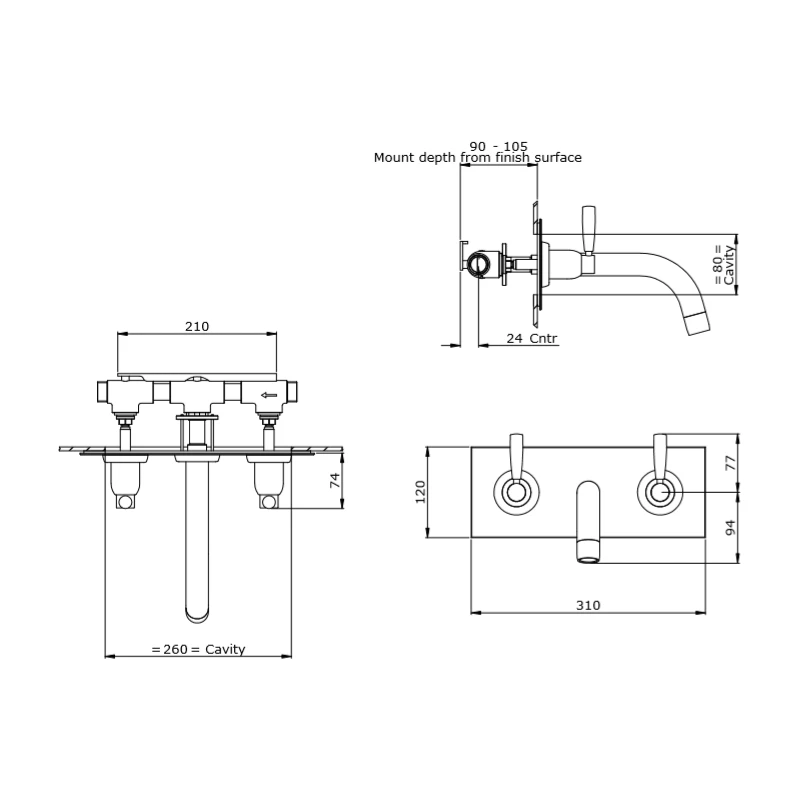 Perrin & Rowe Contemporary Lever Wall Bath Set On Back Plate Pewter 4 Perrin & Rowe Contemporary Lever Wall Bath Set On Back Plate Pewter - Image 2