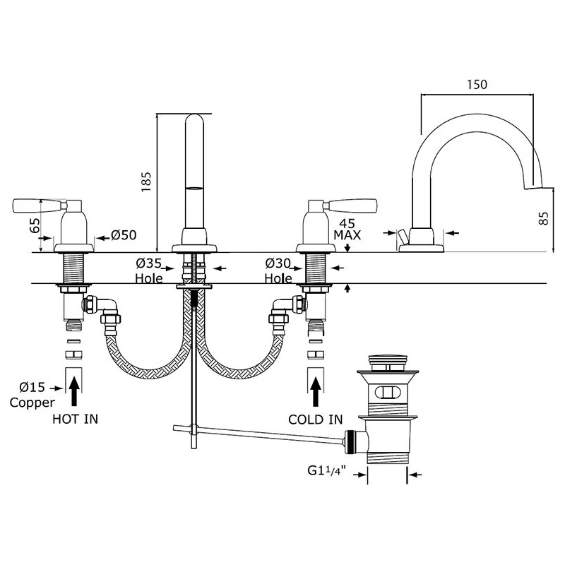 Perrin & Rowe Contemporary Lever 3 Hole Tubular Spout Basin Mixer Pewter 4 Perrin & Rowe Contemporary Lever 3 Hole Tubular Spout Basin Mixer Pewter - Image 2