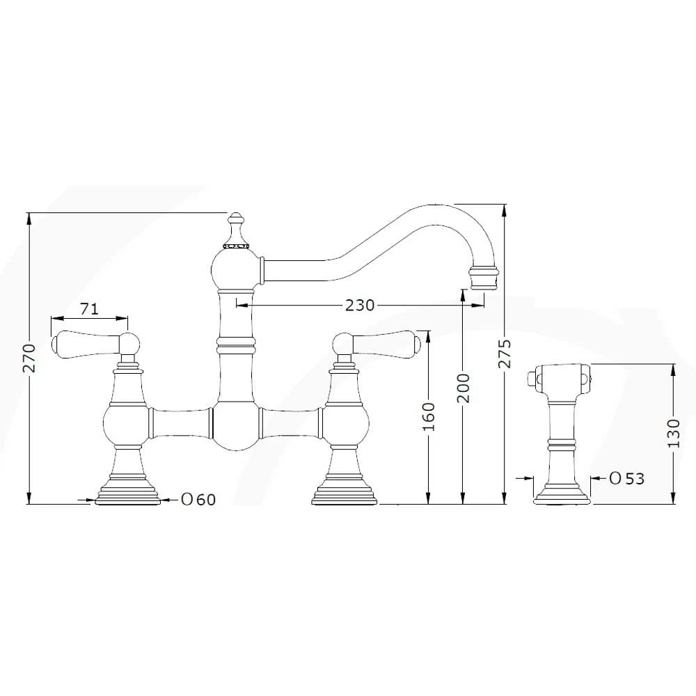 Perrin & Rowe Provence Lever Bridge Sink Mixer & Rinse Nickel 4 Perrin & Rowe Provence Lever Bridge Sink Mixer & Rinse Nickel - Image 2