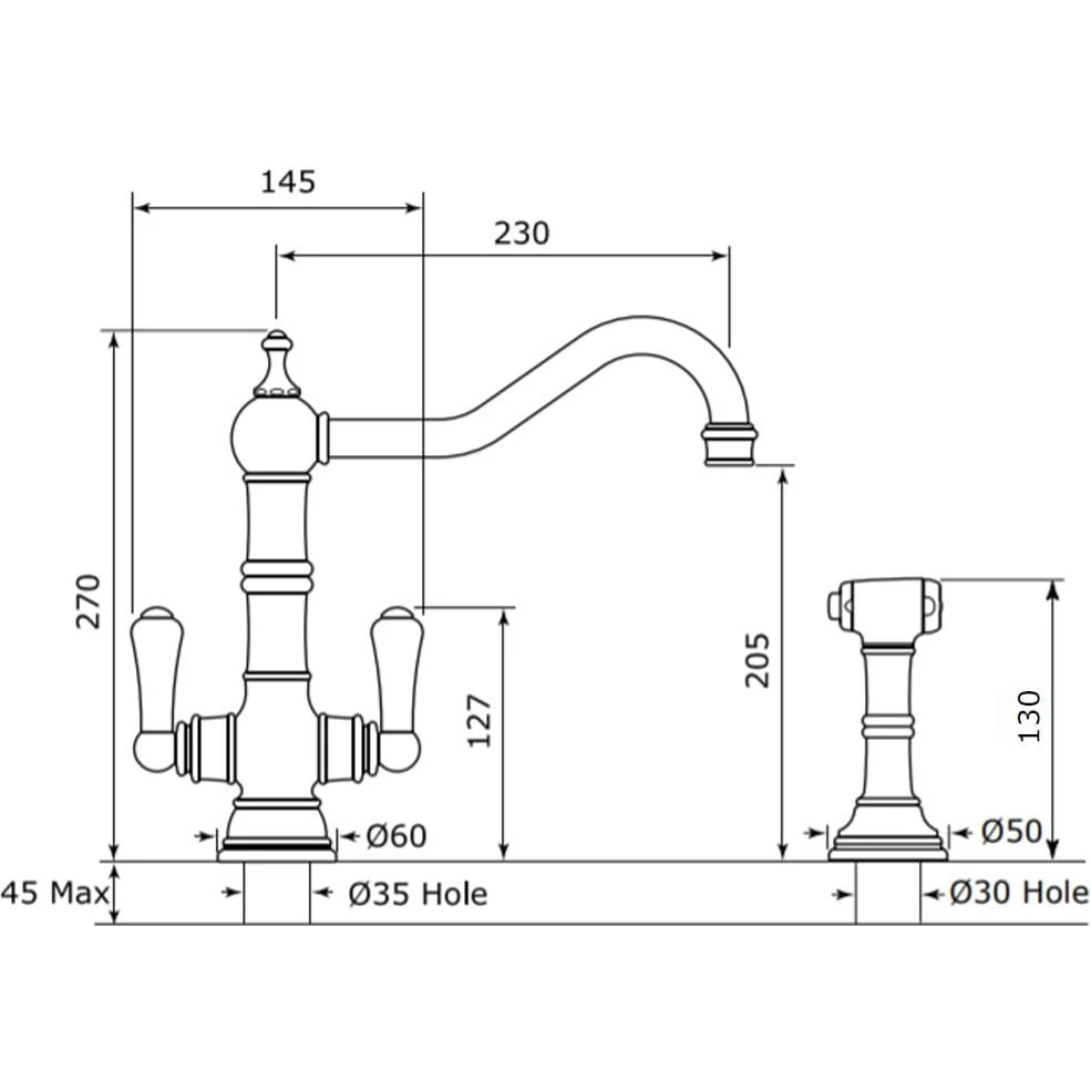 Perrin & Rowe Picardie Twin Lever Sink Mixer Tap & Rinse Nickel 4 Perrin & Rowe Picardie Twin Lever Sink Mixer Tap & Rinse Nickel - Image 2